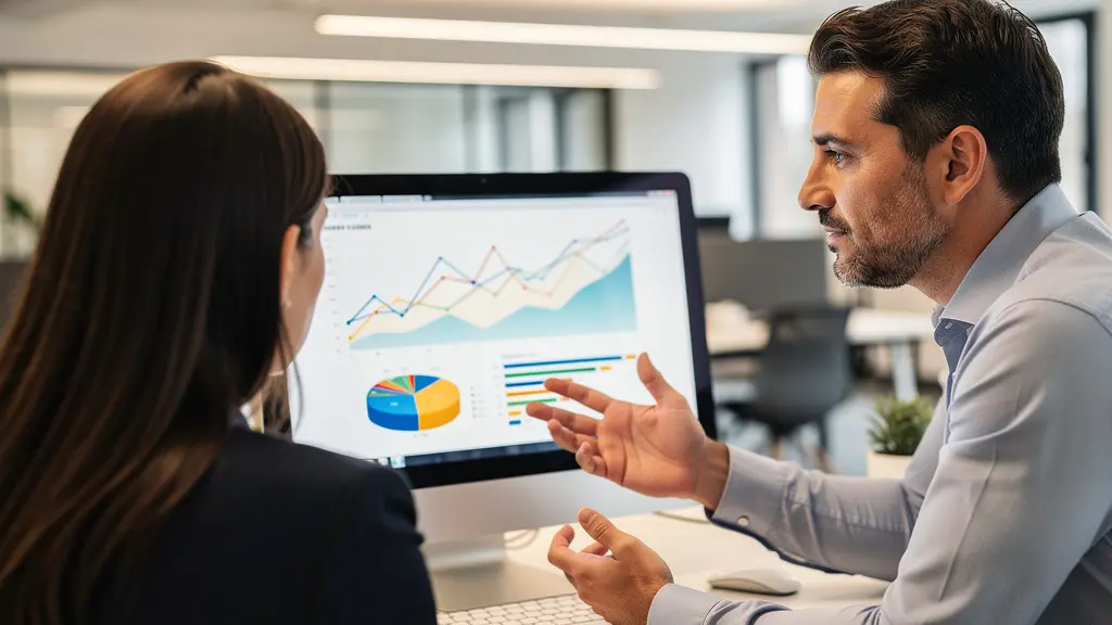 Conseiller financier expliquant des garanties d'assurance emprunteur sur écran à une cliente