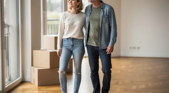 Couple trentenaire observant leur nouvel appartement vide, premier achat immobilier protégé par assurance emprunteur