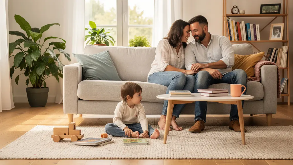 Famille avec enfant dans salon lumineux, protection du patrimoine familial par assurance crédit